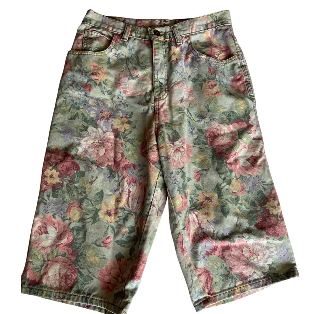 Vintage 90s Zena Floral Tapestry Print High Waisted Denim Jean Shorts Jorts 28